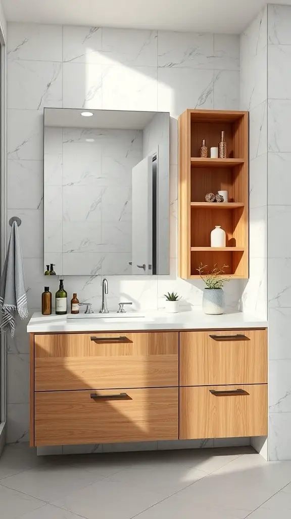 29+ Stunning Bathroom Vanity Ideas You’ll Love 12 A modern bathroom with a wooden vanity and open shelving.