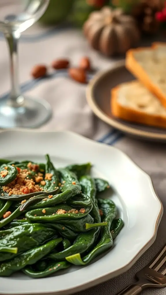 29+ Must-Try Thanksgiving Vegetable Sides for Your Holiday Feast 7 A plate of creamed spinach with breadcrumbs, set on a festive table.