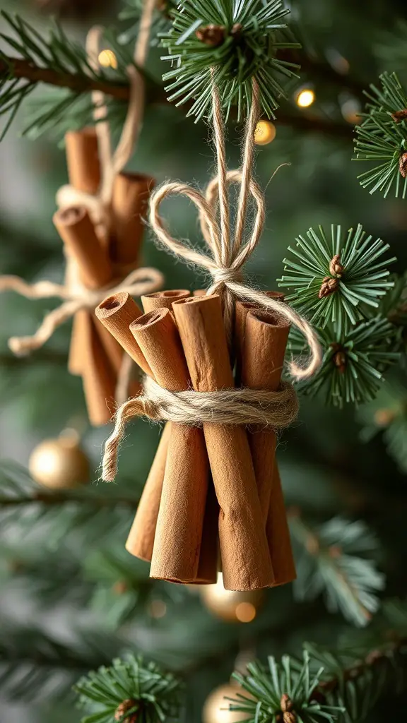 Cinnamon stick bundles tied with twine hanging on a Christmas tree