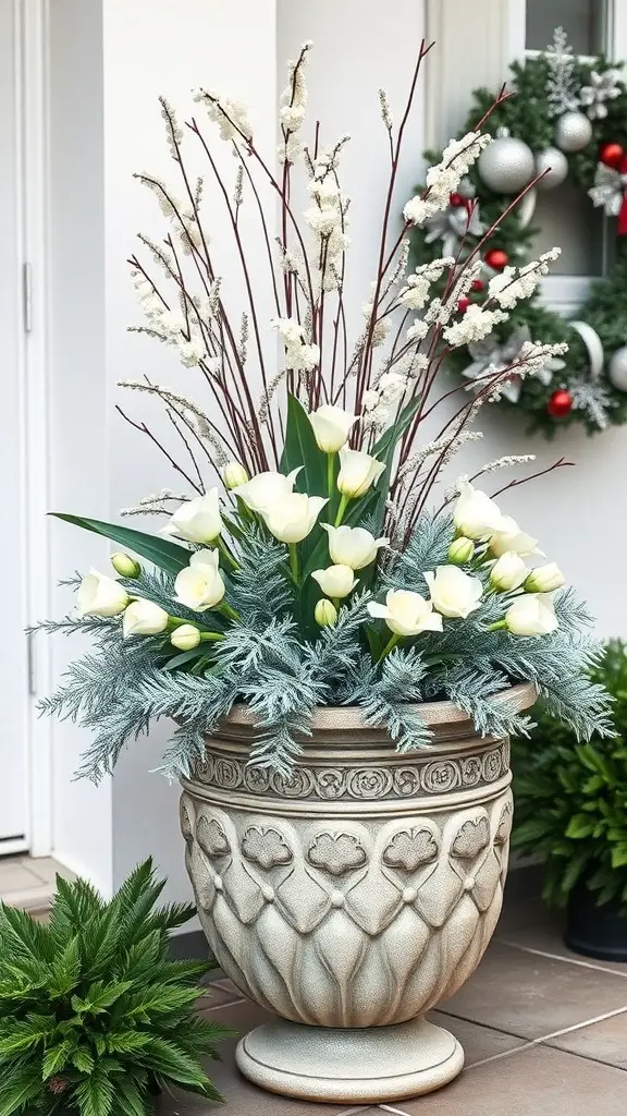A decorative outdoor planter featuring white tulips and silver foliage, set against a backdrop of a holiday wreath.