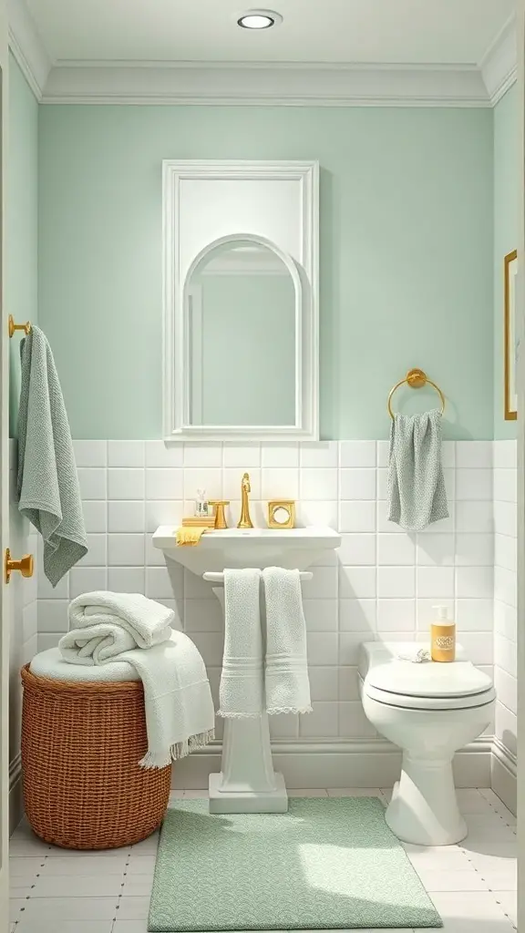 23+ Inspiring Green Bathroom Ideas for a Refreshing Makeover 13 A serene bathroom featuring seafoam green walls, white tiles, and gold accents.