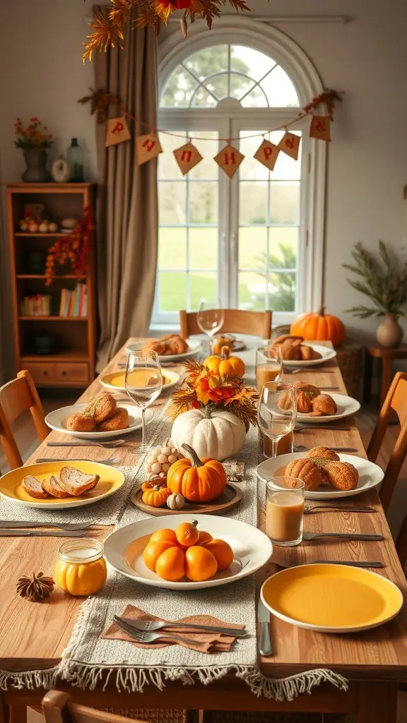 A casual Thanksgiving dinner table setting with pumpkins, bread, and yellow plates.