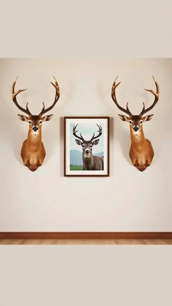 27+ Stunning Deer Mount Wall Arrangements for Every Home 3 Symmetrical arrangement of deer mounts with a central framed picture of a deer