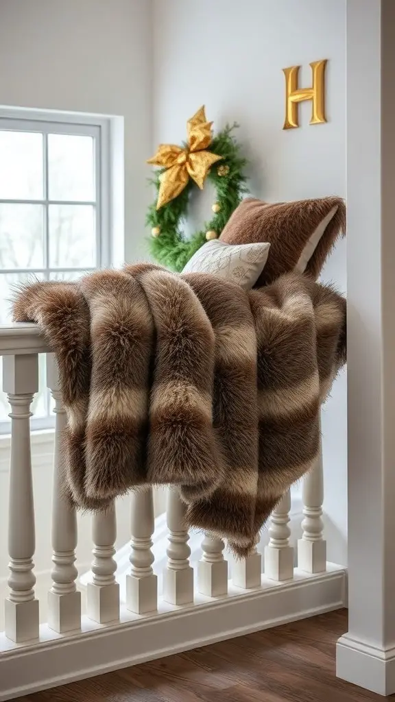 27+ Creative Indoor Christmas Railing Decor Ideas 10 A cozy faux fur throw and pillows on a railing with a festive wreath.