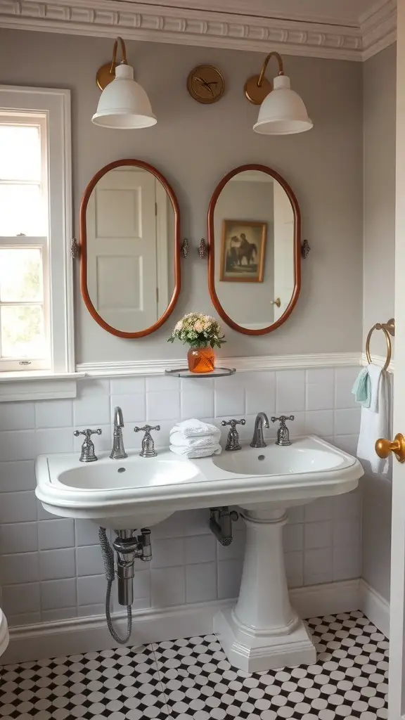 23+ Stylish Bathroom Double Sink Ideas to Enhance Your Space 14 Vintage-inspired double sink with round mirrors and wall sconces in a bathroom