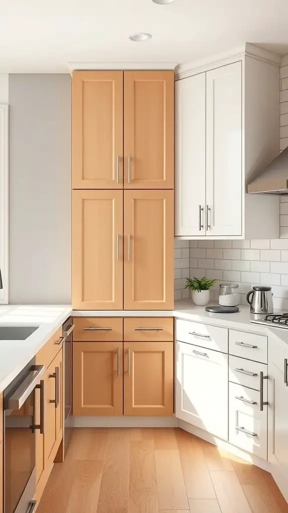 27+ Stylish Slim Shaker Cabinets for Your Dream Kitchen 6 A modern kitchen featuring slim shaker cabinets in warm wood tones and white, with a functional layout and stylish finishes.