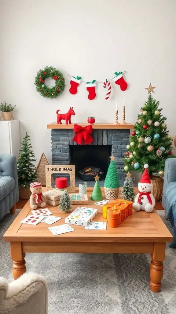 A cozy Christmas coffee table decorated with holiday games, festive decor, and a warm atmosphere.