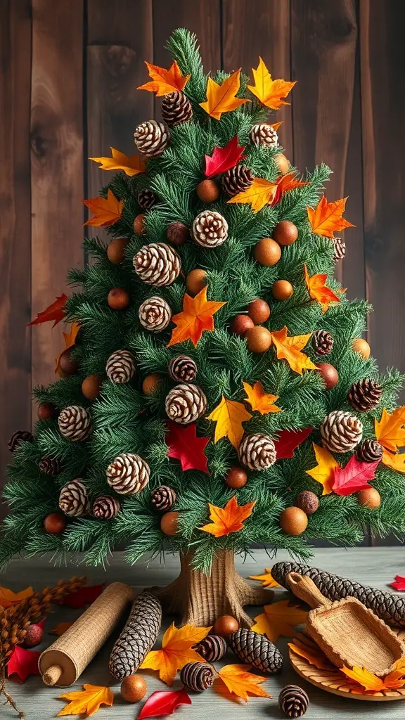 A Thanksgiving tree decorated with pinecones and colorful autumn leaves.