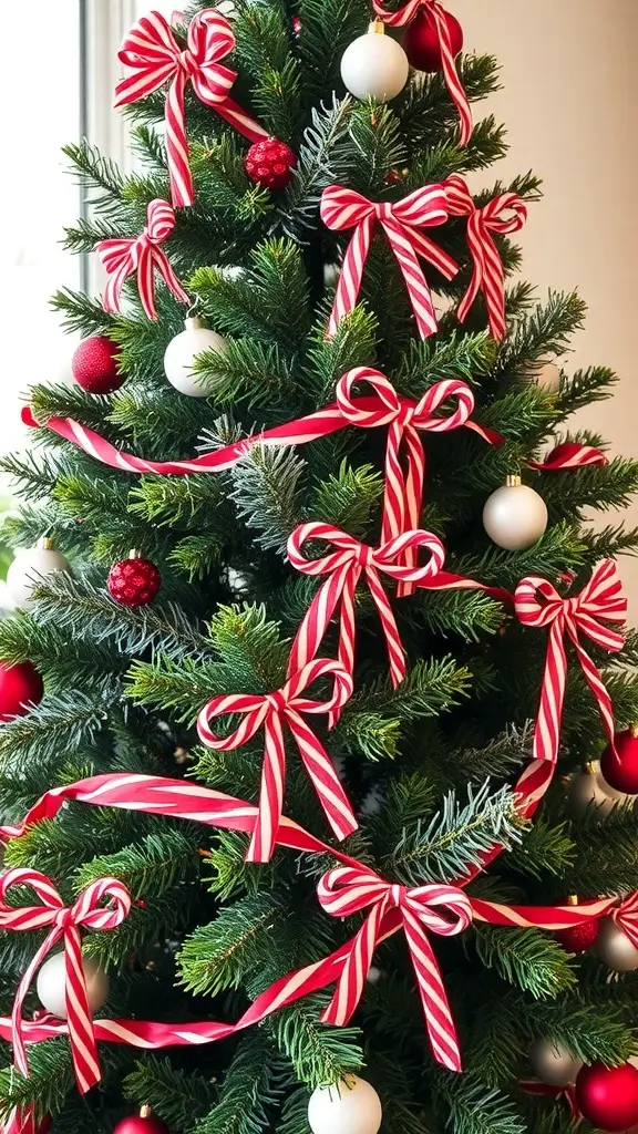 29+ Creative Christmas Tree Ribbon Decorating Ideas You’ll Love 11 A Christmas tree decorated with red and white candy cane striped ribbons and ornaments.