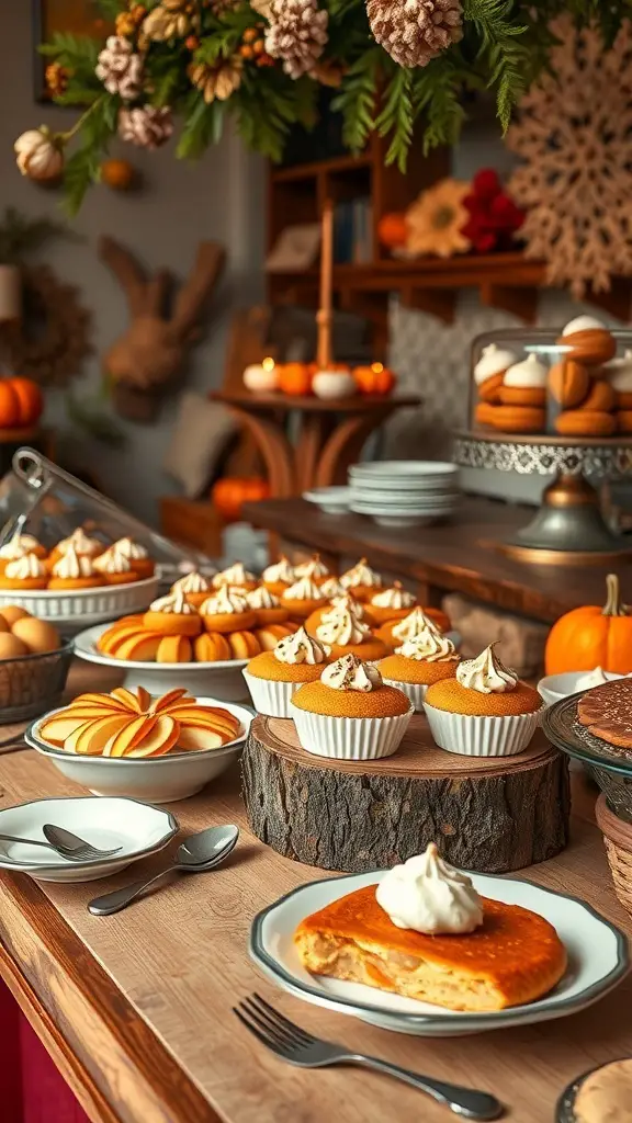 29+ Creative Thanksgiving Party Ideas to Celebrate in Style 12 An autumn-themed dessert bar featuring various seasonal treats like pumpkin cupcakes, apple tarts, and pumpkin pie.