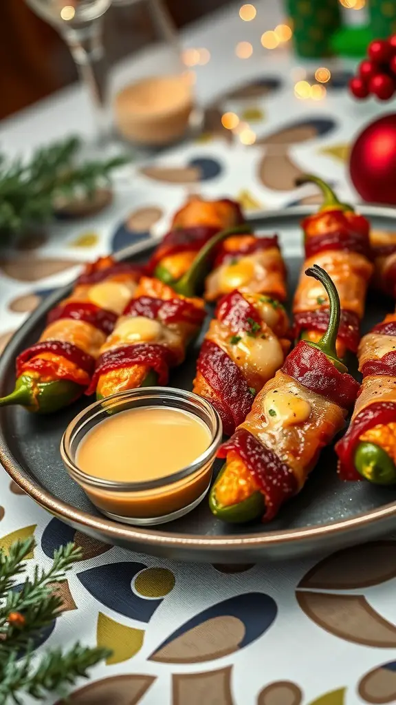 A platter of spicy bacon-wrapped jalapeño poppers with a dipping sauce