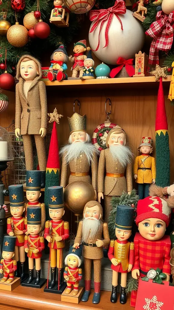 A collection of vintage toys including dolls and wooden soldiers, decorated for Christmas.