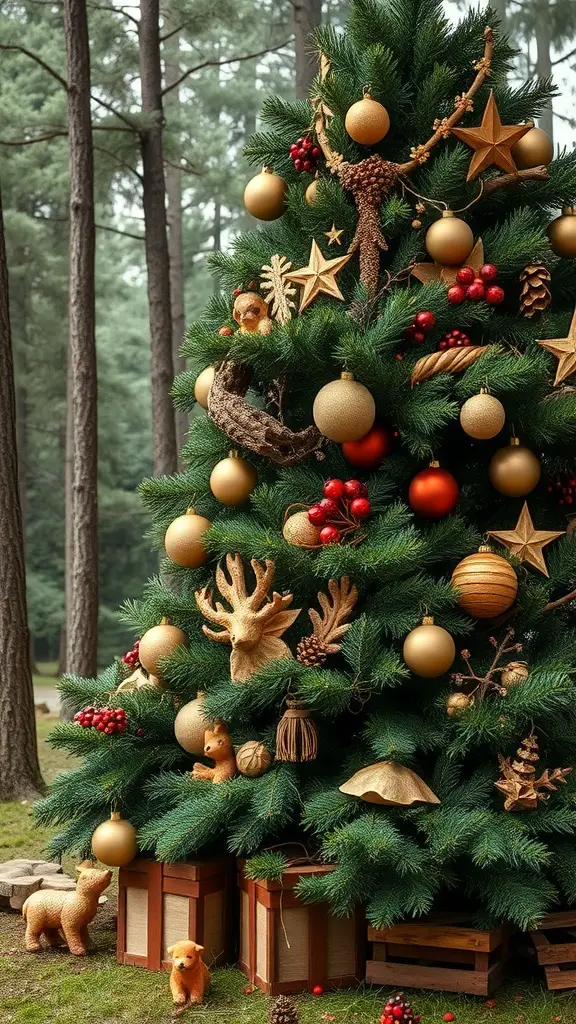 A beautifully decorated forest-themed Christmas tree with natural elements and warm colors.