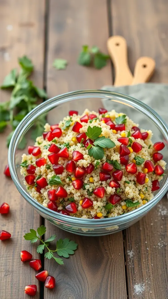 25+ Must-Try Thanksgiving Side Dishes You Need This Year 15 A bowl of herbed quinoa salad topped with pomegranate seeds, surrounded by fresh herbs on a wooden table.