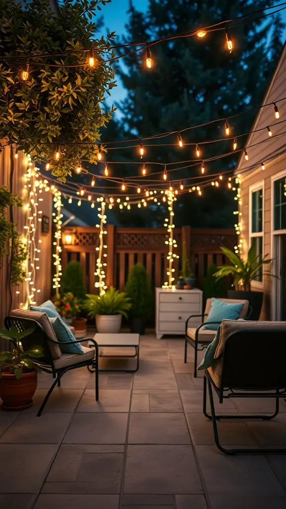 A cozy patio with solar-powered fairy lights strung overhead, creating a warm atmosphere.