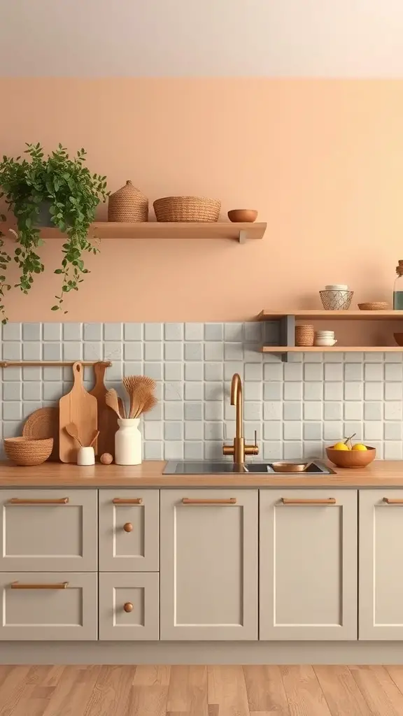 29+ Warm Neutral Kitchen Ideas to Transform Your Space 11 A warm neutral kitchen featuring peach walls, gray cabinets, and wooden accents.