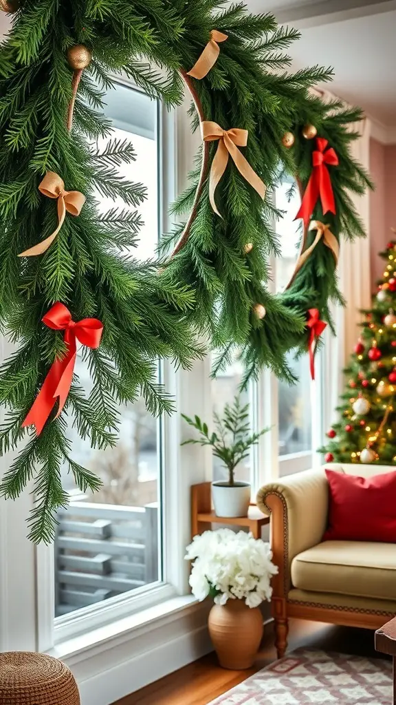 A beautifully decorated pine and cedar swag with red ribbons and gold ornaments hanging in a cozy living room.