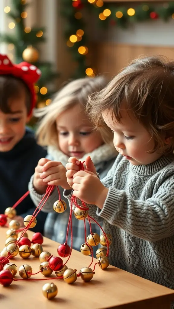 Toddlers making jingle bell bracelets with colorful bells and string.