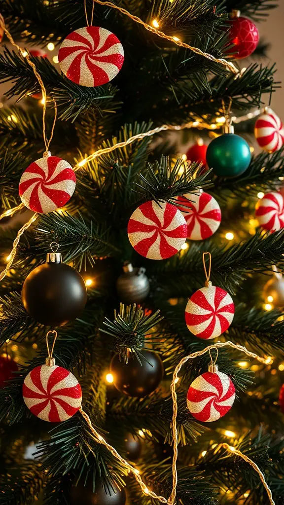 A Christmas tree decorated with glittering peppermint ornaments and colorful baubles.