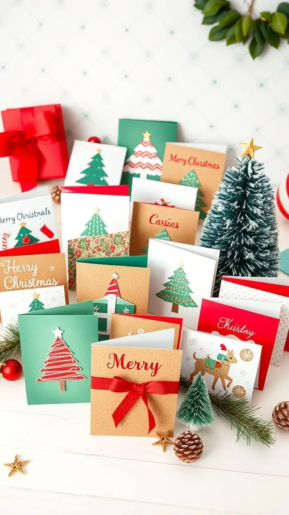 A variety of DIY Christmas cards with festive designs and decorations.