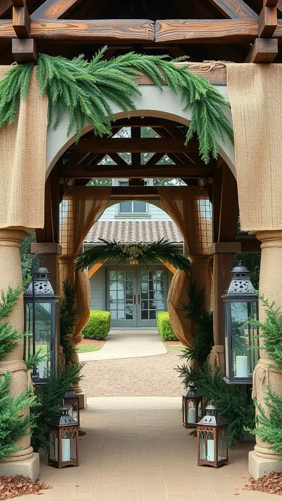 A rustic wooden archway decorated with greenery and lanterns, creating a warm holiday atmosphere.