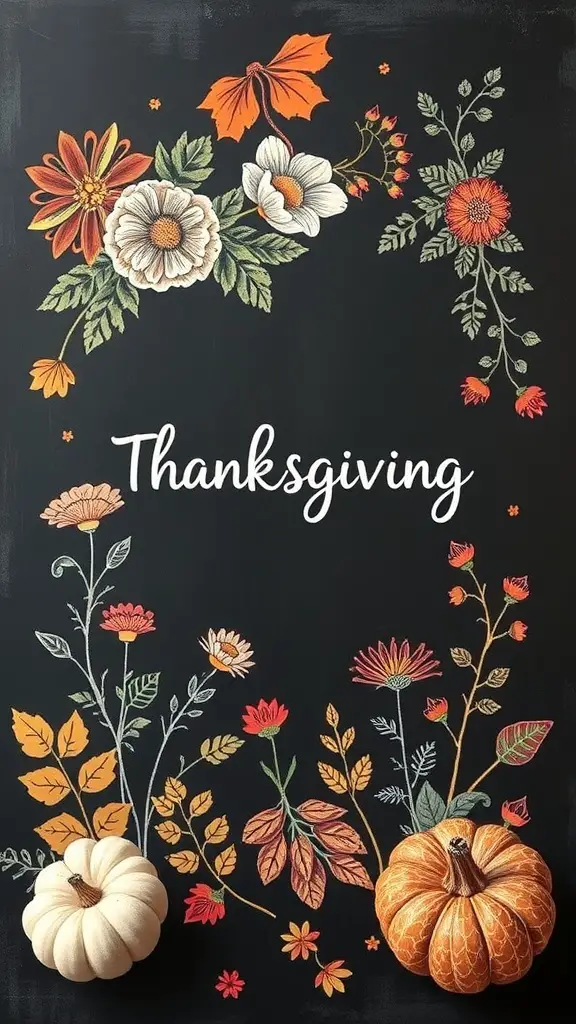 Chalkboard art featuring Thanksgiving floral arrangements and pumpkins