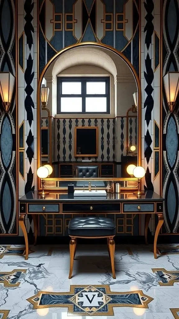 27+ Stylish Vanity Mirror Ideas to Elevate Your Space 7 Art Deco inspired vanity mirror with geometric patterns and luxurious design elements.