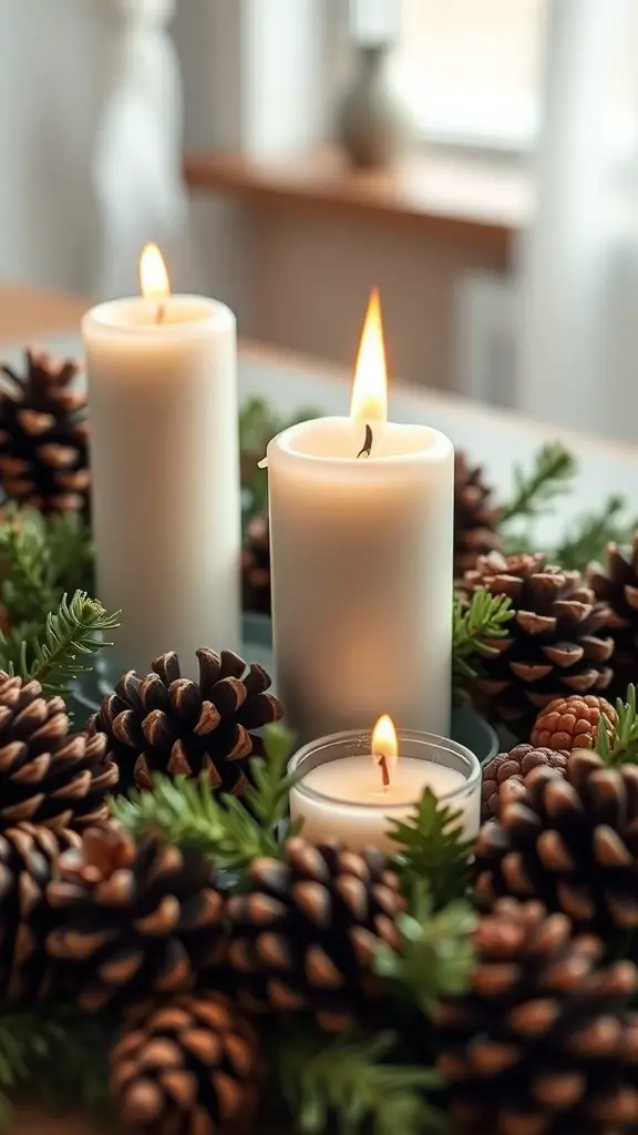 Candle arrangement with pinecones and greenery