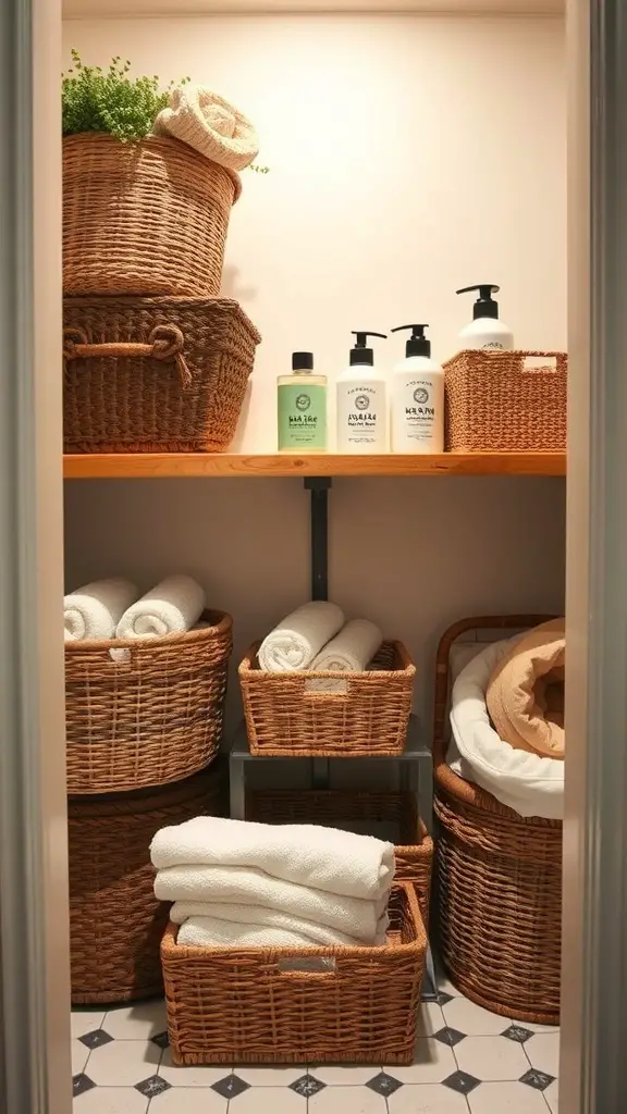 25+ Bathroom Closet Organization Ideas You’ll Love 5 A well-organized bathroom closet featuring woven baskets filled with towels and toiletries.