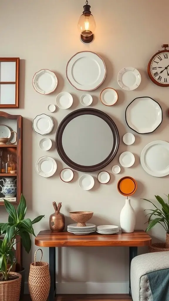 29+ Creative Ideas for a Stunning Plate Wall Display 14 A stylish wall display featuring various plates, a mirror, and decorative items, creating an inviting atmosphere.