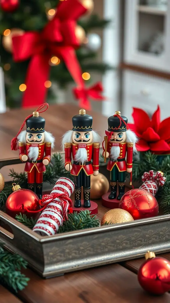 Nutcracker themed holiday tray decor with figurines, ornaments, and greenery