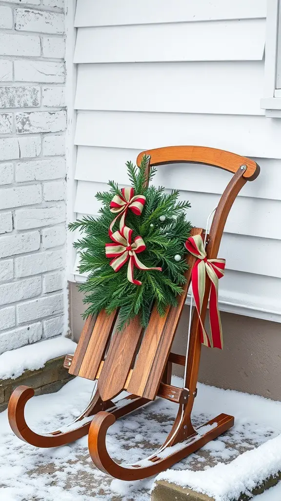 A wooden sled decorated with a green wreath and red ribbons, set against a snowy background.