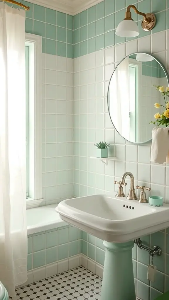 23+ Inspiring Green Bathroom Ideas for a Refreshing Makeover 11 A vintage-inspired bathroom featuring green tiles, a white sink with a green base, and a round mirror.