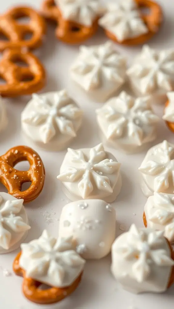29+ Fun and Festive Christmas Snacks for Kids 15 A close-up of snowflake-shaped white chocolate treats and pretzel bites, decorated with sprinkles.