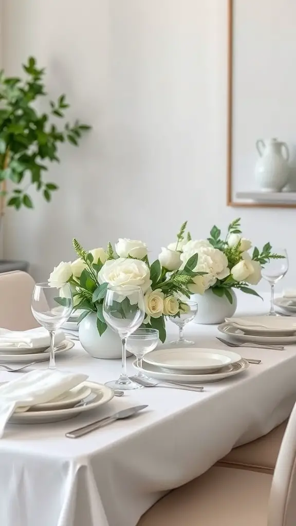 A minimalist Thanksgiving table setting with white roses and greenery in modern vases.