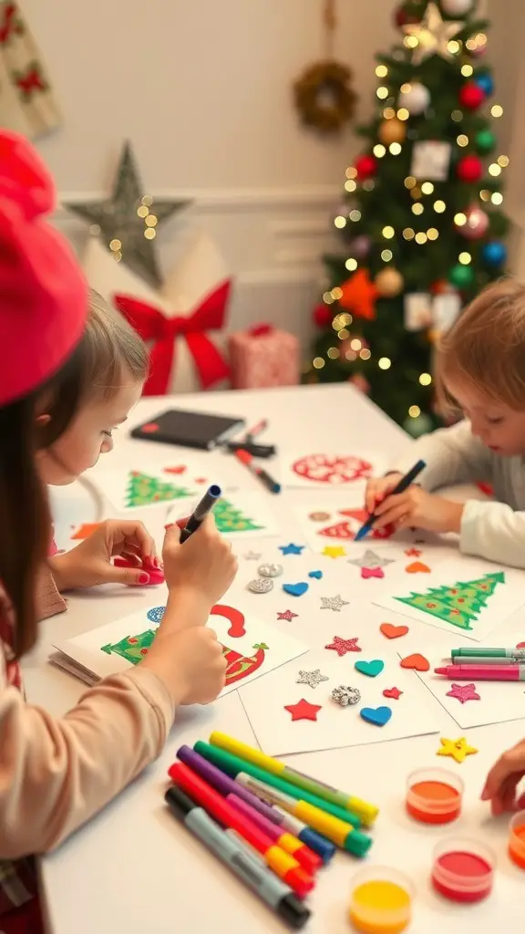 27+ Fun Christmas Activities for Kids to Enjoy This Holiday Season 15 Children making Christmas cards with colorful markers and decorations.