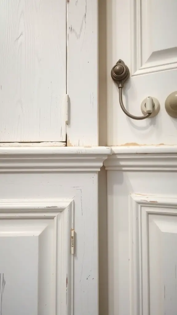 25+ Stunning Antique White Kitchen Cabinets for Timeless Style 15 Close-up of antique white kitchen cabinet with decorative molding and hardware