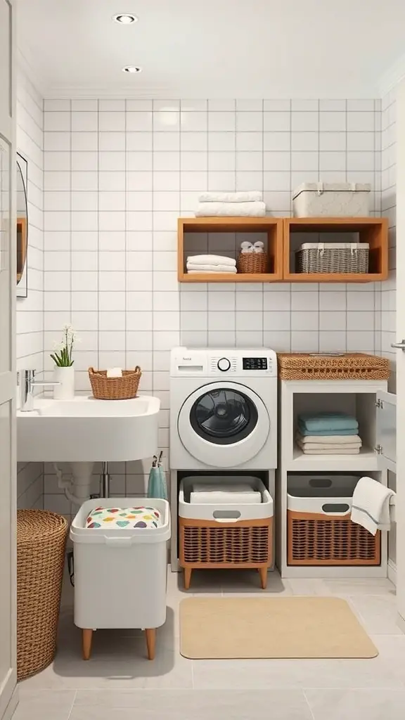 25+ Creative Bathroom Laundry Combo Ideas for Space-Saving Solutions 16 A modern bathroom with a laundry area featuring various laundry baskets and organized shelves.