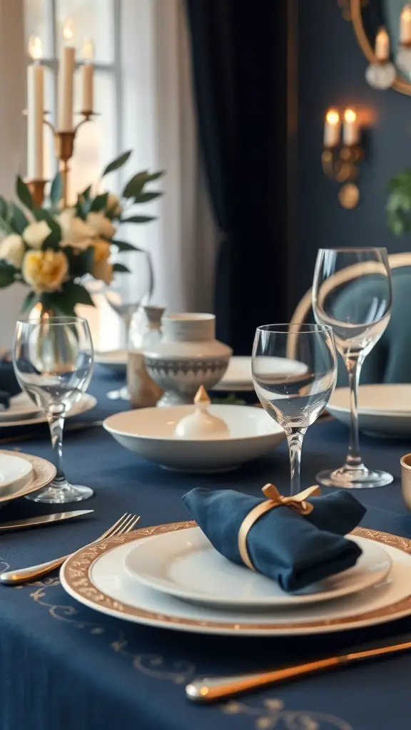 Elegant navy and gold Thanksgiving table setting with plates, glasses, and decorative napkins.