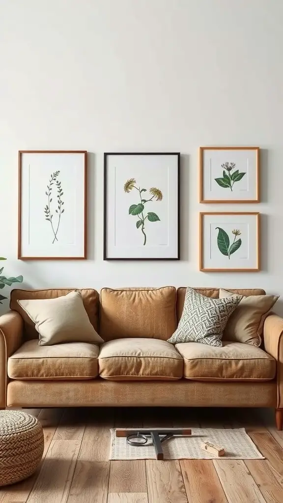 23+ Creative Above Sofa Wall Decor Ideas to Transform Your Space 4 A cozy sofa with framed botanical prints on the wall above it.