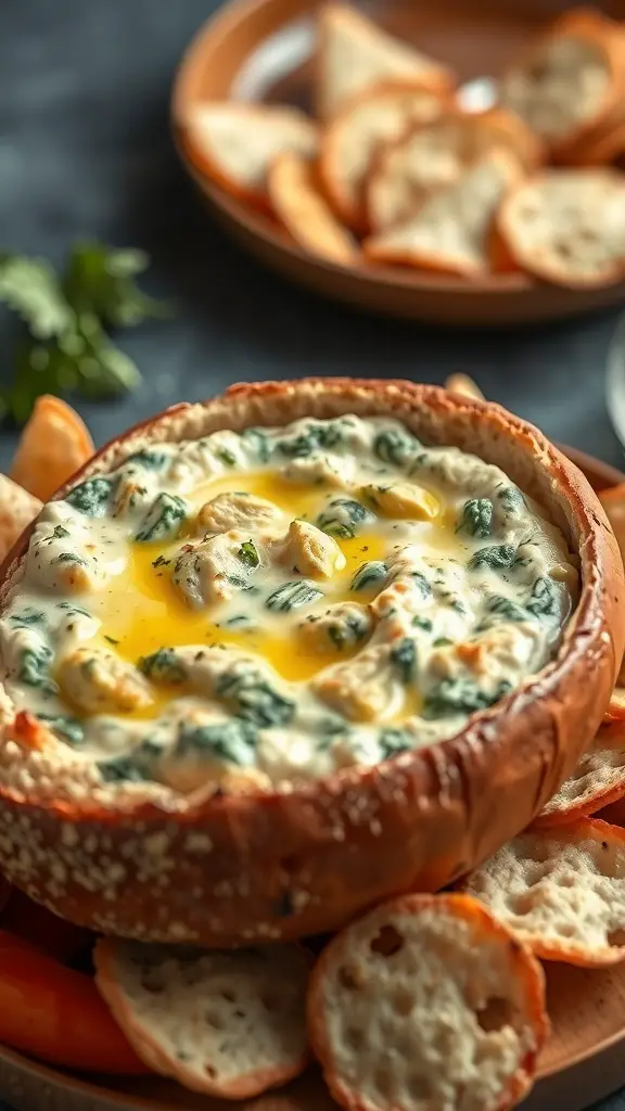 31+ Delightful Christmas Eve Food Ideas for a Festive Celebration 15 A warm spinach artichoke dip served in a bread bowl, surrounded by crispy bread slices and crackers.