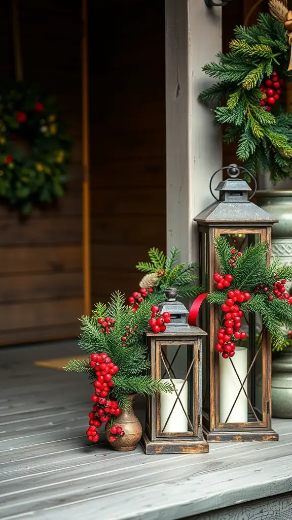 Vintage lanterns decorated with holiday greens and red berries on a porch.