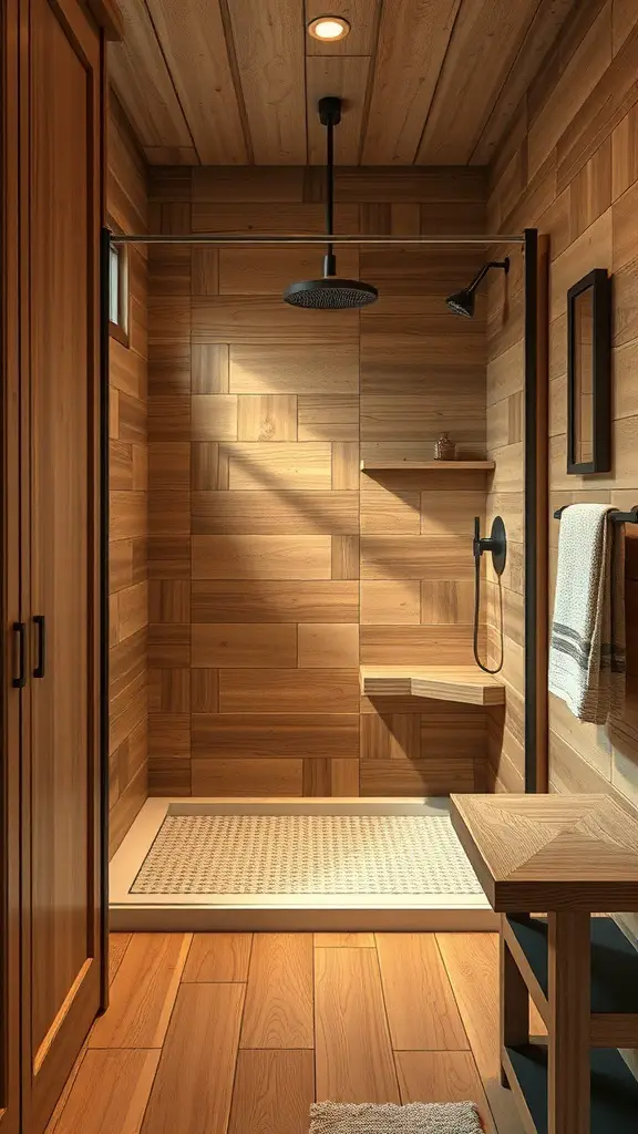 27+ Inspiring Rustic Walk-In Shower Ideas You’ll Love 10 A rustic walk-in shower featuring wooden privacy screens and warm wood tones.