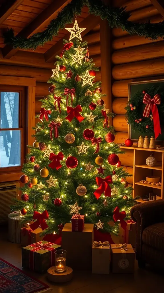 A beautifully decorated Christmas tree in a cozy cabin setting, featuring red and green ornaments, bows, and wrapped gifts.