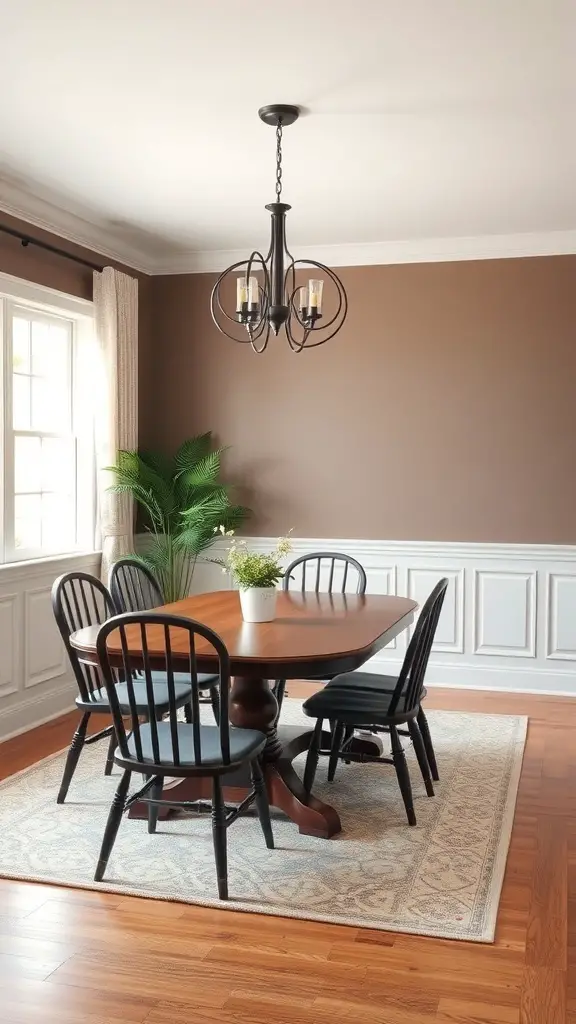 25+ Stylish Wall Trim Ideas to Enhance Your Home Decor 14 A dining room with a brown wall and white chair rail, featuring a wooden table and black chairs.