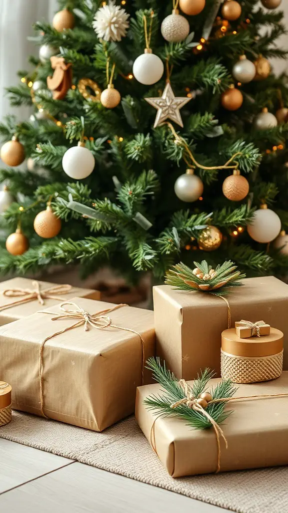 Beautifully wrapped gifts in kraft paper with natural decorations under a Christmas tree.