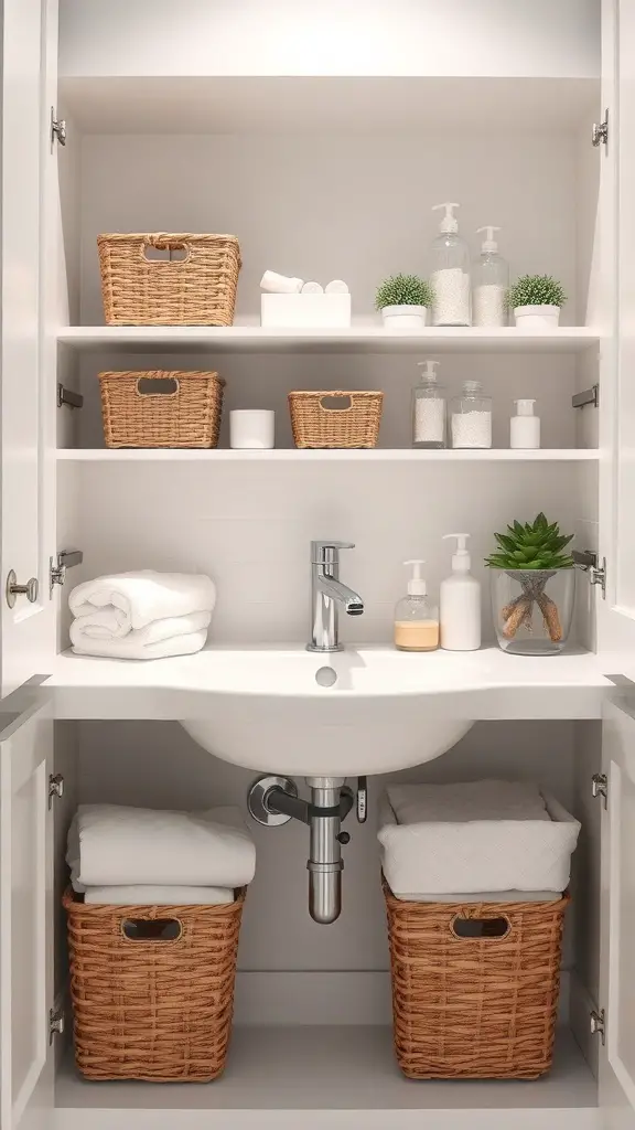 25+ Must-Try Minimalist Bathroom Organization Ideas 9 Organized under-sink storage with baskets, towels, and clear containers.