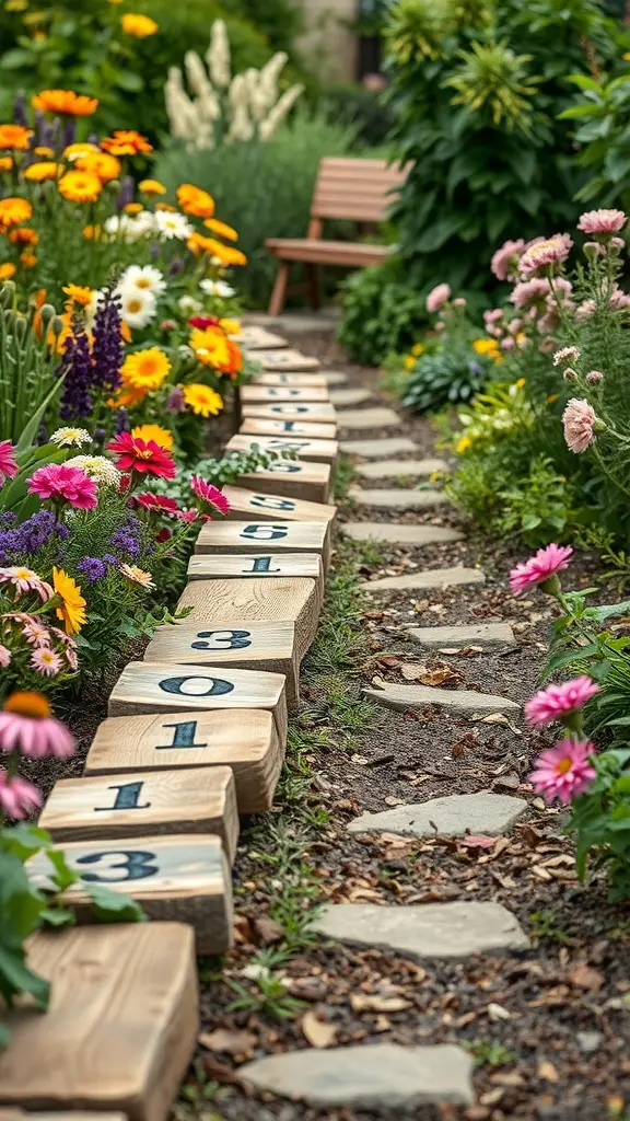 A garden pathway edged with wooden blocks and colorful flowers on either side.