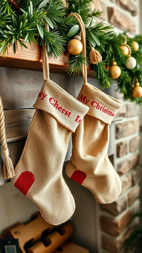 Two burlap Christmas stockings hanging from a mantel decorated with greenery and ornaments.