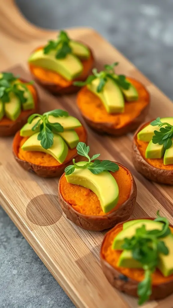27+ Delicious Christmas Appetizers to Impress Your Guests 14 Sweet potato bites topped with avocado slices and fresh greens on a wooden platter.